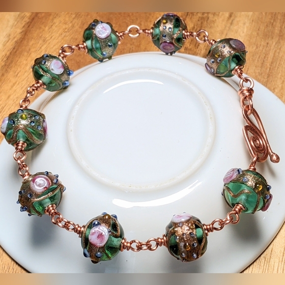 Venetian Emerald Glass Bead Copper Bracelet Textured Colorful Handmade - Picture 12 of 16